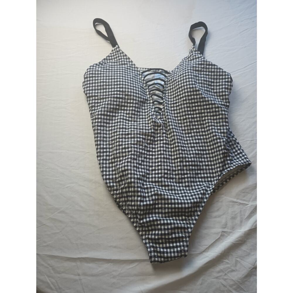Time & Tru Women‎ 2X One Piece Swimsuit Plaid Gingham Black White Vacation Beach